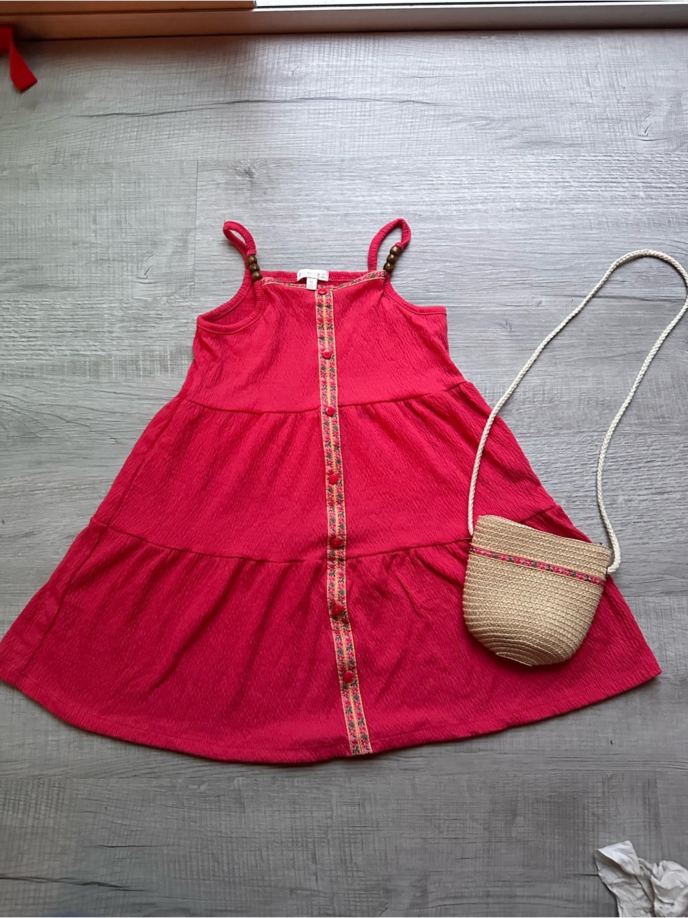 btween Bright Pink Tiered Sundress with Decorative Trim